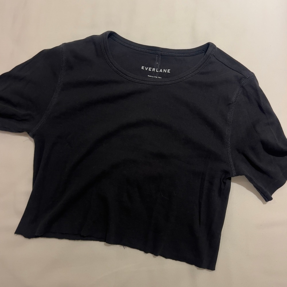 Everlane‎ Black Ribbed Crop Top Short Sleeve Tee Crew Neck Raw Hem Small